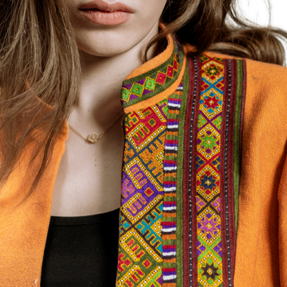 Orange Balochi Jacket with Handwoven Fabric and Traditional Embroidery