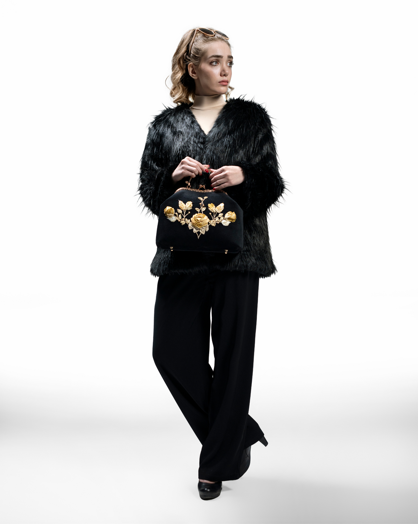 Vintage Black Velvet Floral Clutch with Gold Accents
