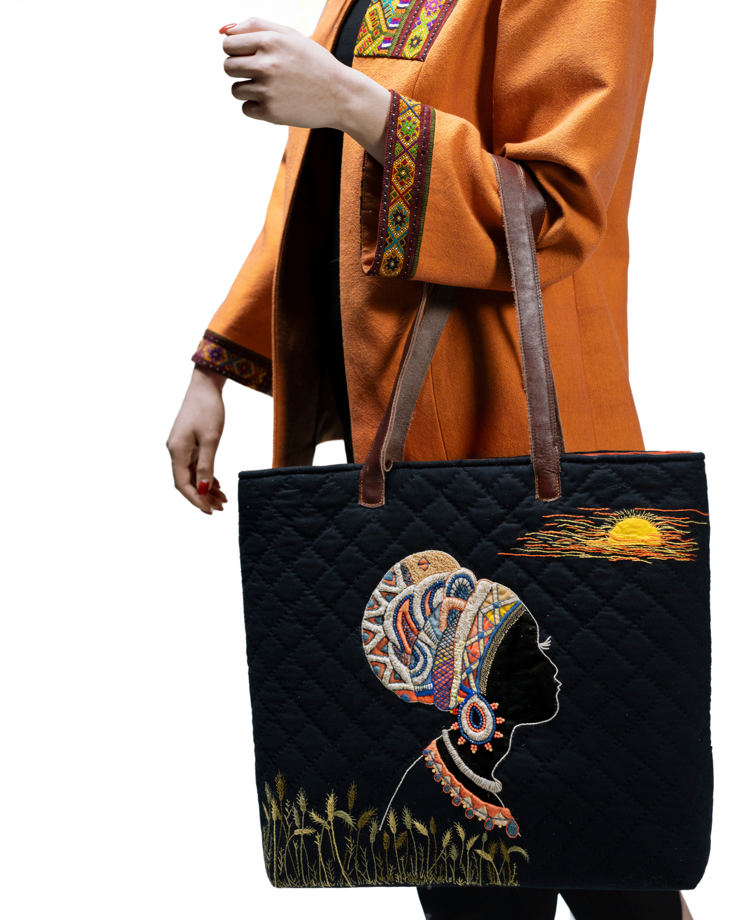 Quilted Black Tote with Cultural Embroidery