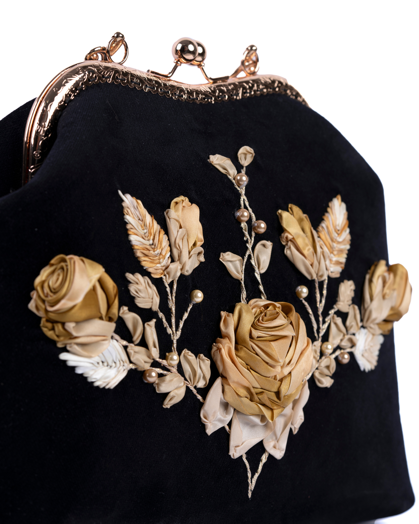 Vintage Black Velvet Floral Clutch with Gold Accents
