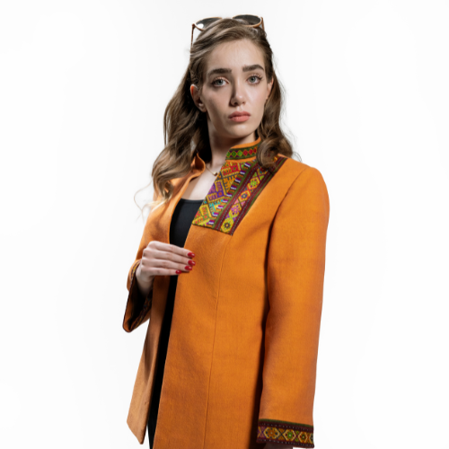 Orange Balochi Jacket with Handwoven Fabric and Traditional Embroidery