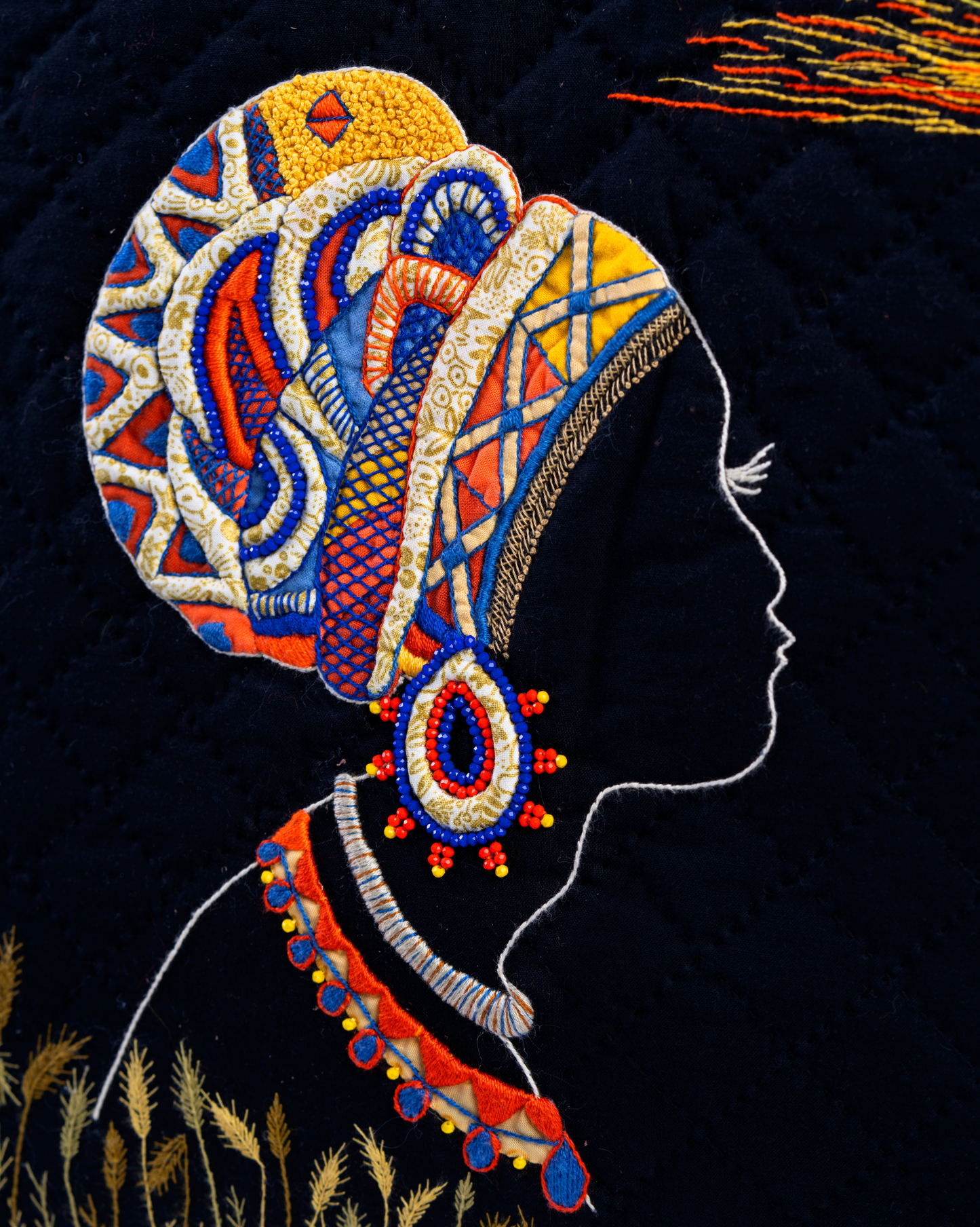 Quilted Black Tote with Cultural Embroidery