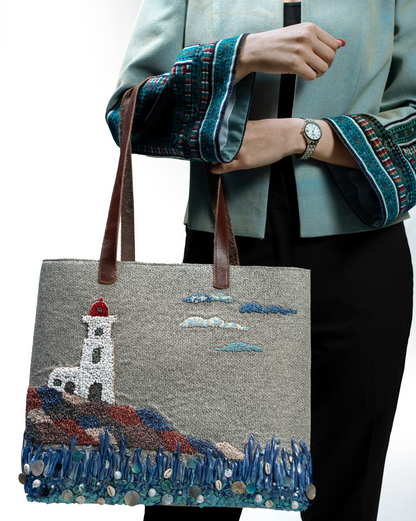 Coastal Lighthouse Embroidered Tote Bag