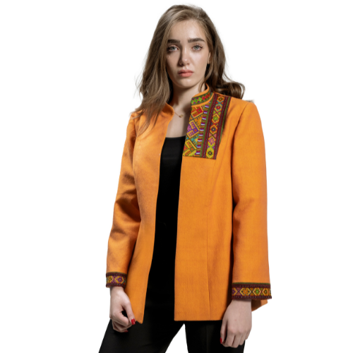 Orange Balochi Jacket with Handwoven Fabric and Traditional Embroidery