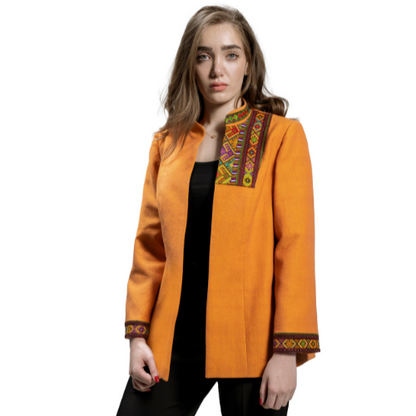 Orange Balochi Jacket with Handwoven Fabric and Traditional Embroidery