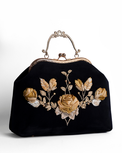 Vintage Black Velvet Floral Clutch with Gold Accents