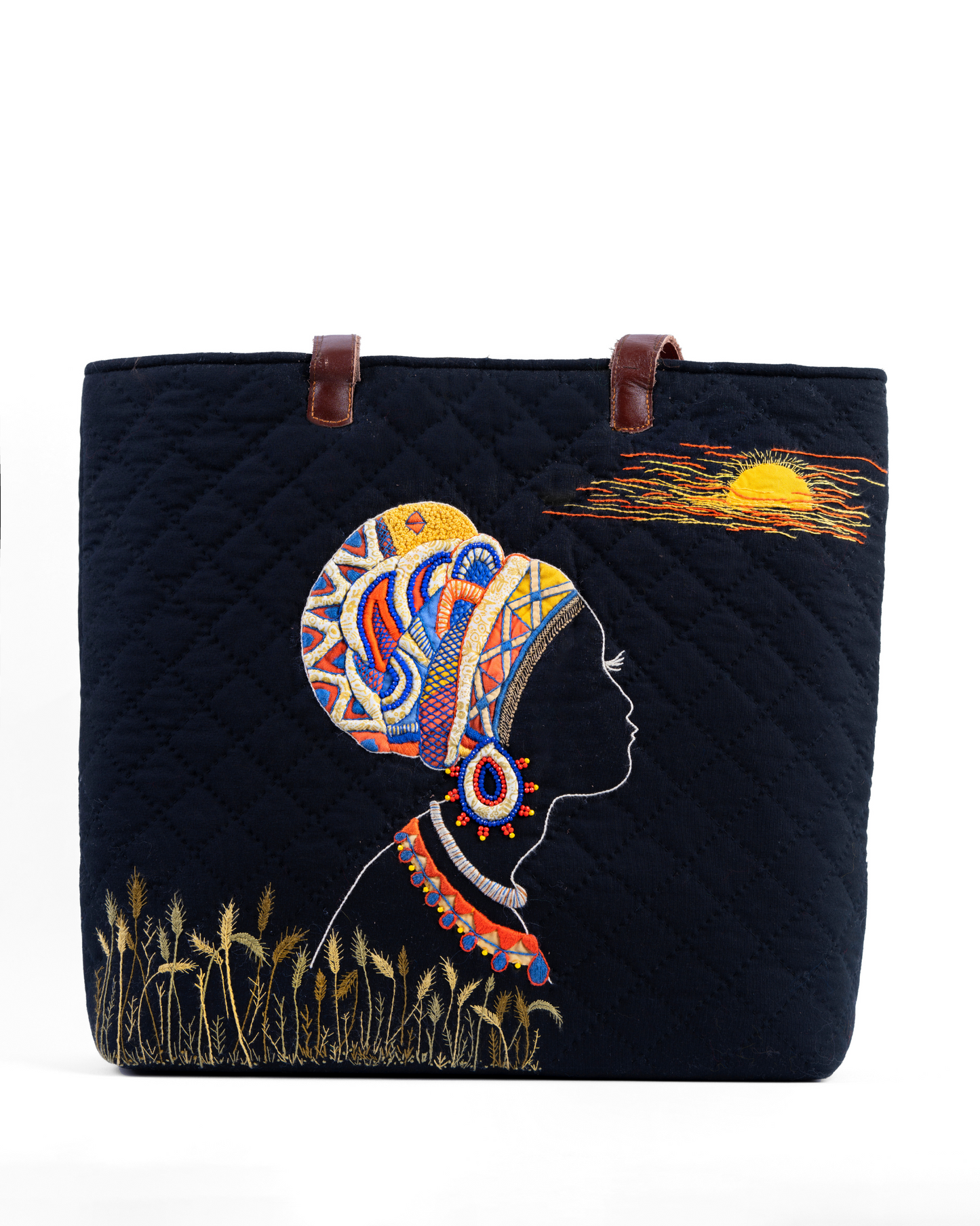 Quilted Black Tote with Cultural Embroidery