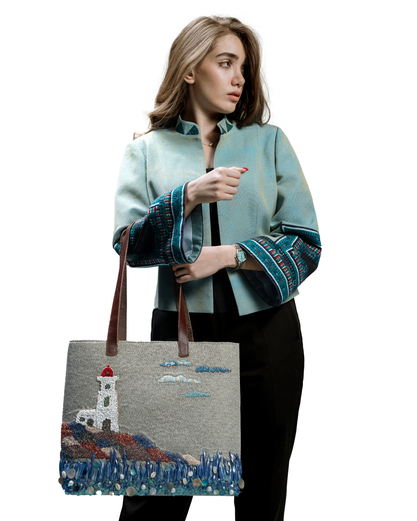 Coastal Lighthouse Embroidered Tote Bag