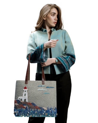 Coastal Lighthouse Embroidered Tote Bag