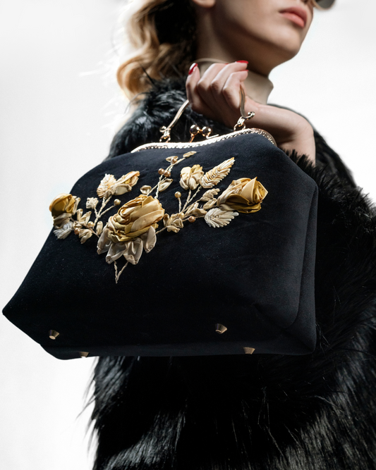 Vintage Black Velvet Floral Clutch with Gold Accents