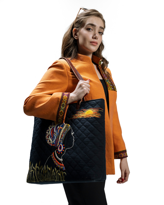 Quilted Black Tote with Cultural Embroidery