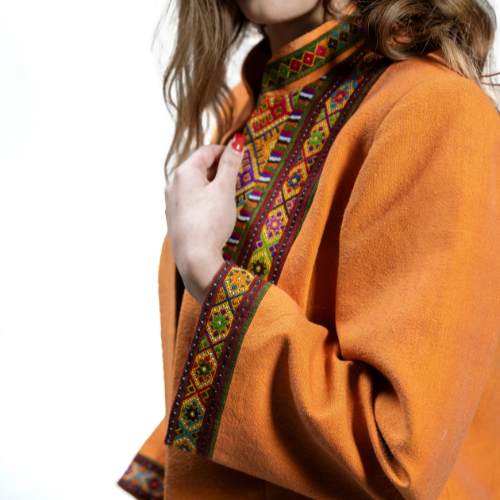 Orange Balochi Jacket with Handwoven Fabric and Traditional Embroidery