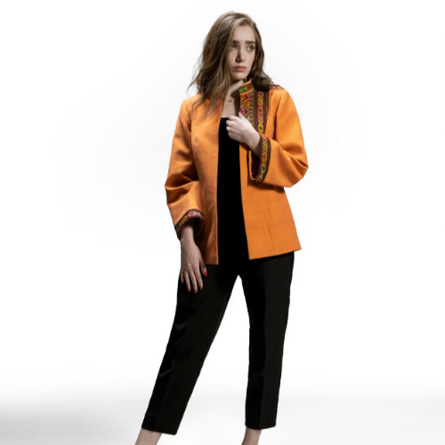 Orange Balochi Jacket with Handwoven Fabric and Traditional Embroidery