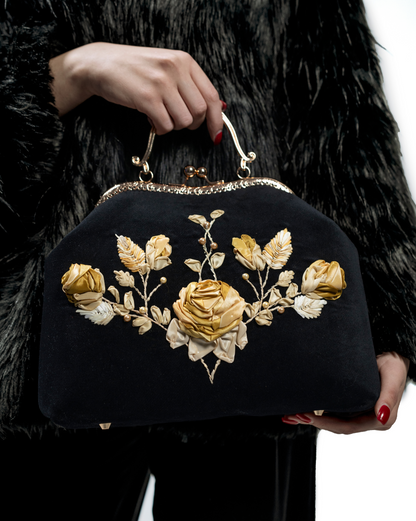 Vintage Black Velvet Floral Clutch with Gold Accents