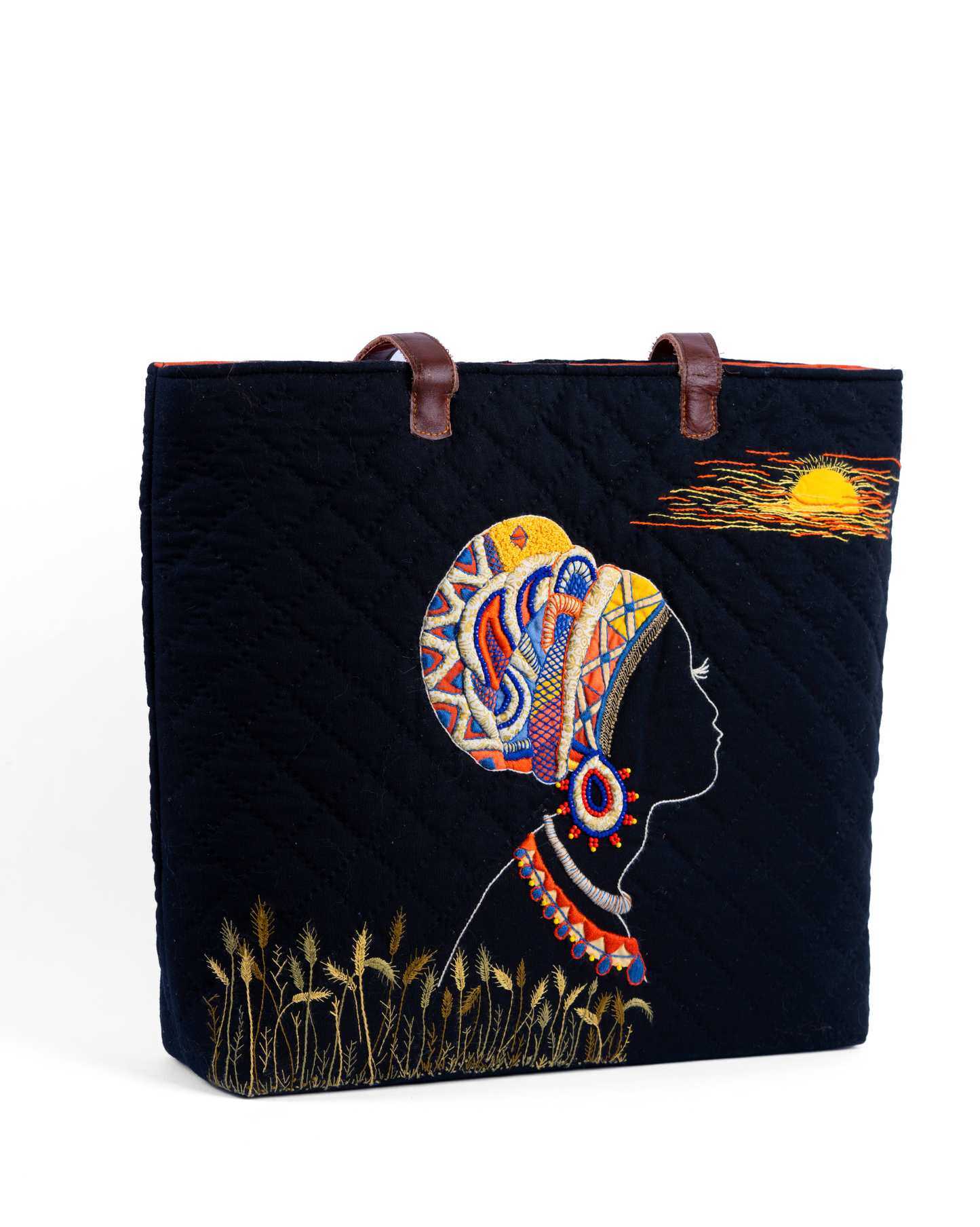 Quilted Black Tote with Cultural Embroidery