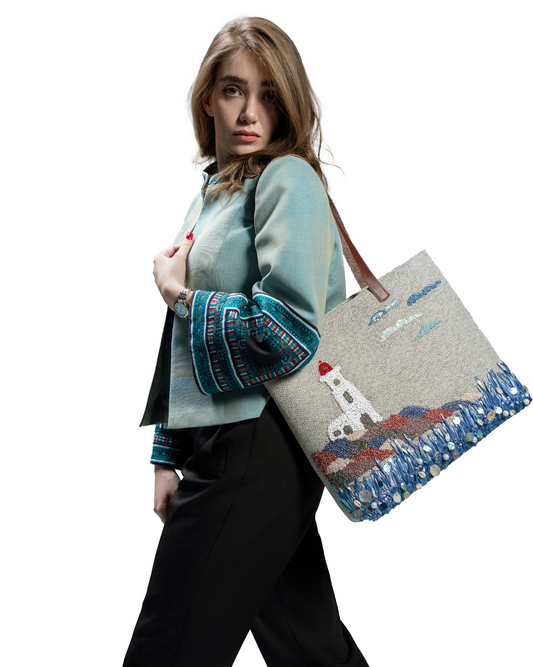 Coastal Lighthouse Embroidered Tote Bag