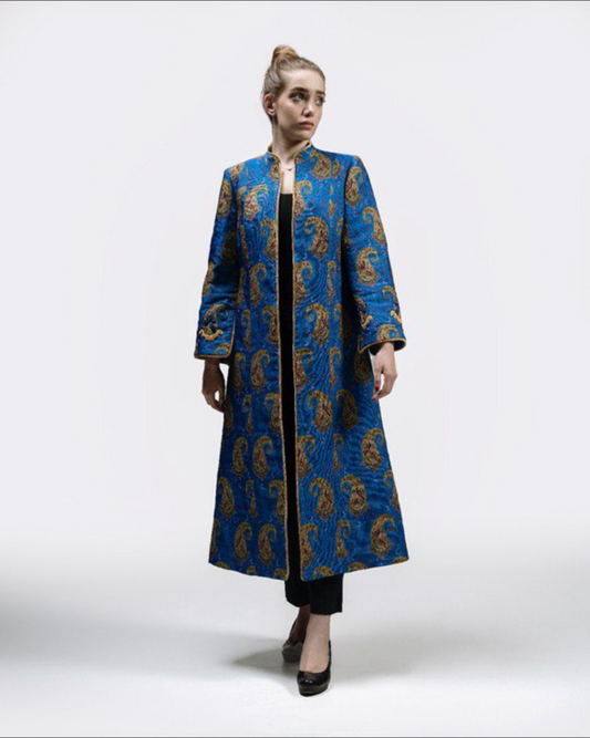 Regal Blue Silk Termeh Long Coat with Sermeh Doozi Embroidery